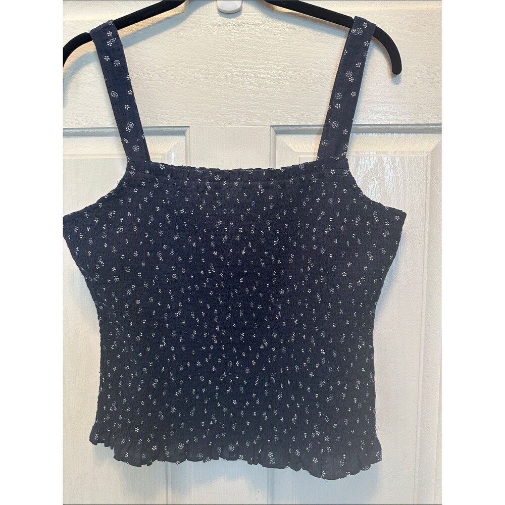 Madewell Navy Smocked Floral Tank with Ruffle Hem Size Medium